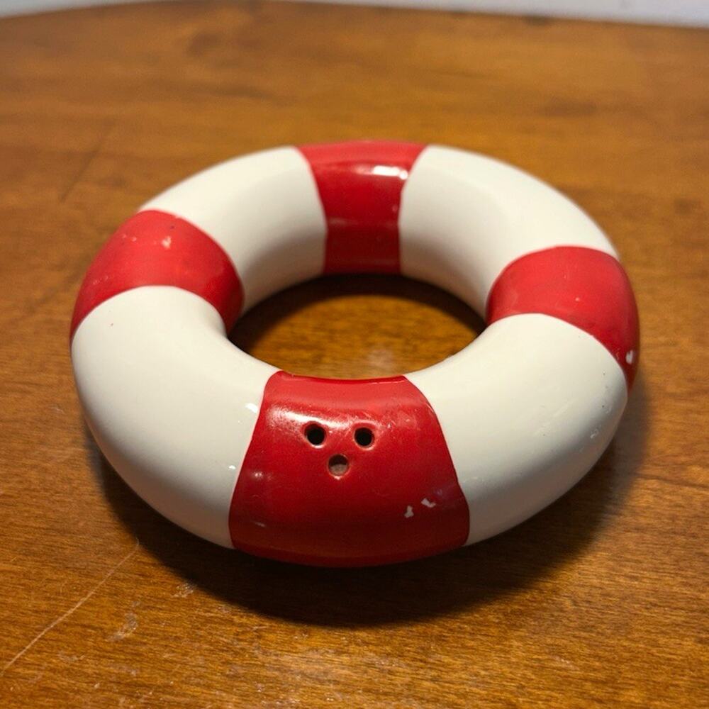 Red & White Striped Lifesaver Ring Ceramic Salt Shaker Nautical Novelty 4”